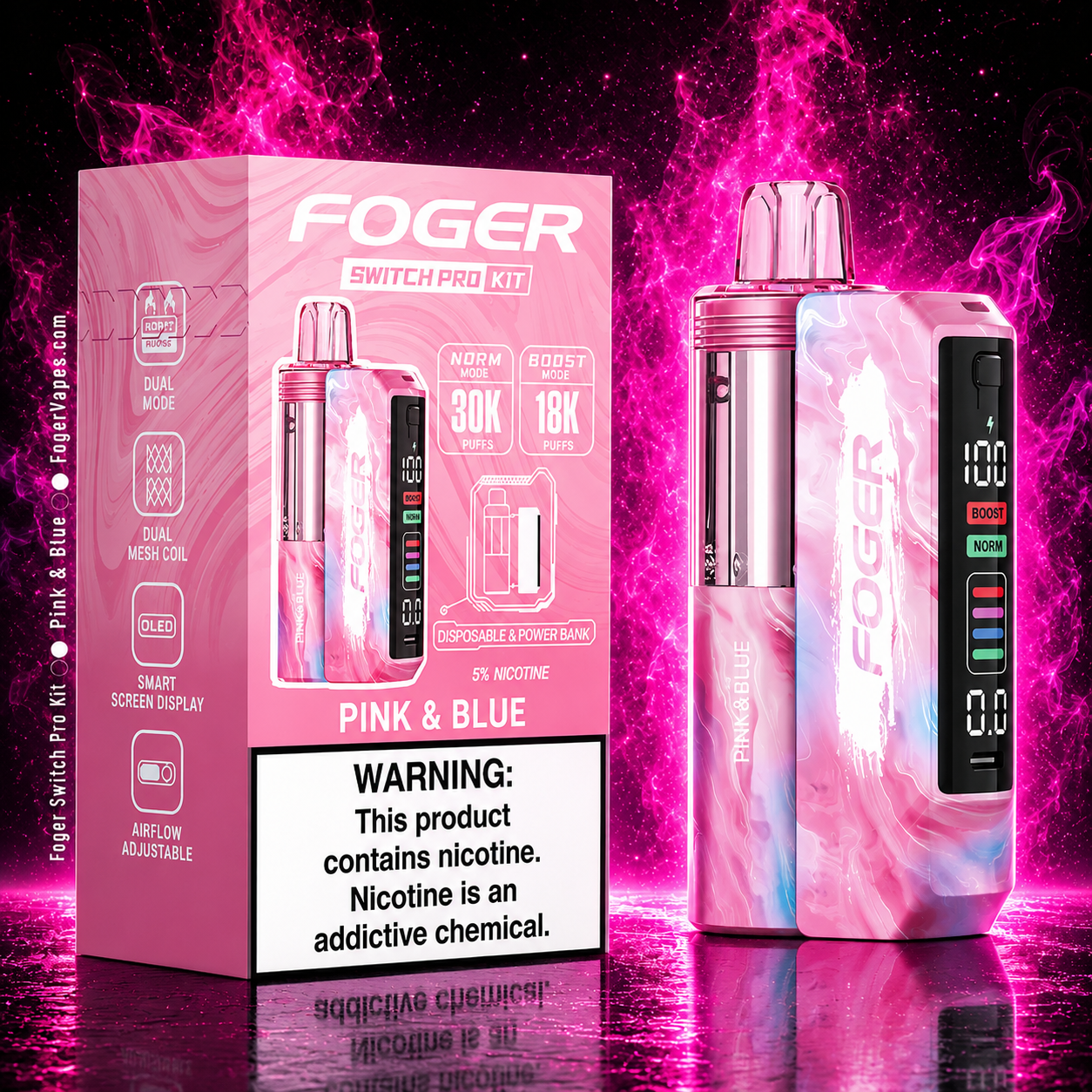 Fogger Switch Pro Kit Pink and Blue 30K disposable vape with neon pink smoke background, OLED display, dual mesh coil, boost mode, rechargeable vape device and premium flavor design