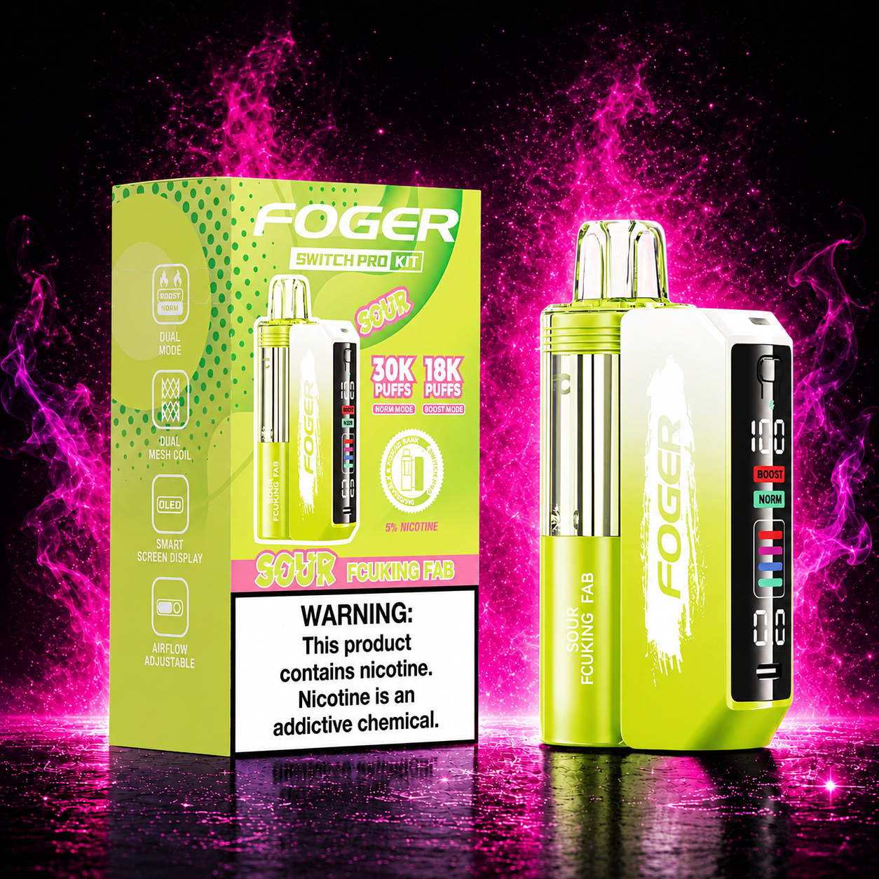 Fogger Switch Pro Kit Sour Fab 30K disposable vape with neon pink smoke background and premium vape design