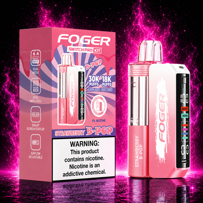 Fogger Switch Pro Kit Strawberry B-Pop 30K disposable vape with neon pink smoke background premium all flavors vape device