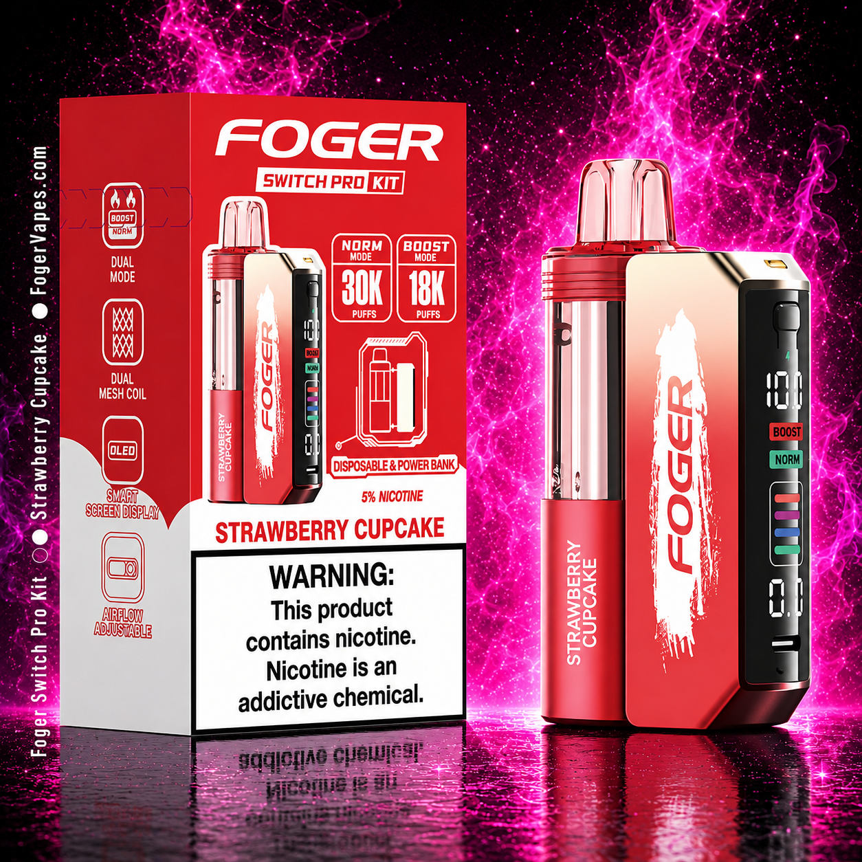 Foger Switch Pro Kit Strawberry Cupcake vape device with neon pink smoke background featuring 30K puffs, dual mode display, rechargeable disposable vape, and premium flavor design for vape enthusiasts in the USA.