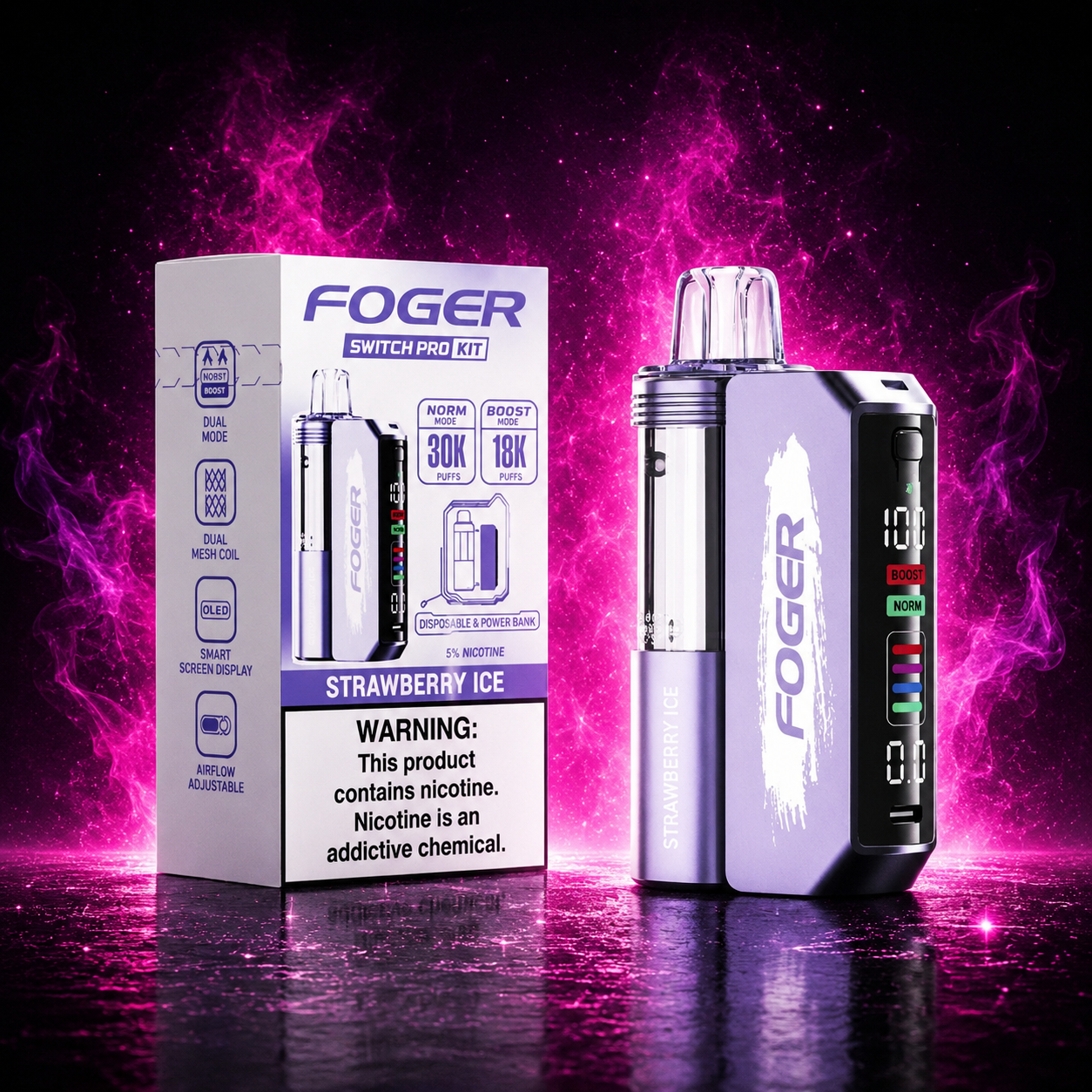 Fogger Switch Pro Kit Strawberry Ice 30K disposable vape device with neon pink smoke effect and premium design