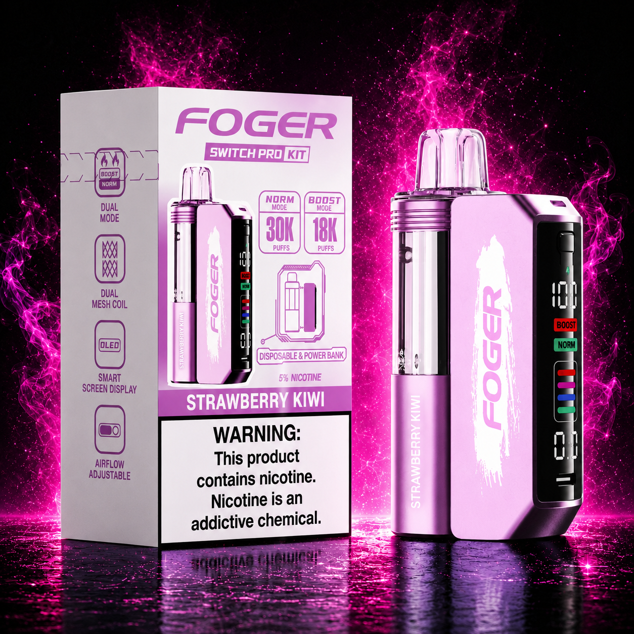 Fogger Switch Pro Kit Strawberry Kiwi 30K disposable vape with neon pink smoke background and premium vape design