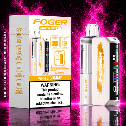 Foger Switch Pro Kit White Gummy disposable vape with neon pink smoke background featuring 30K puffs, boost mode, rechargeable vape device, smart screen display, and premium white gummy flavor vape design.