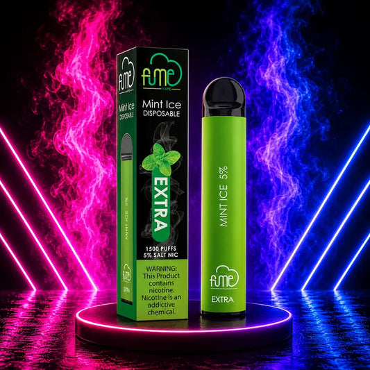 Fume Mint Ice Extra disposable vape 1500 puffs with packaging on pink background
