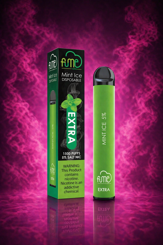 Fume Extra Mint Ice disposable vape 1500 puffs pink smoke background ultra style portrait