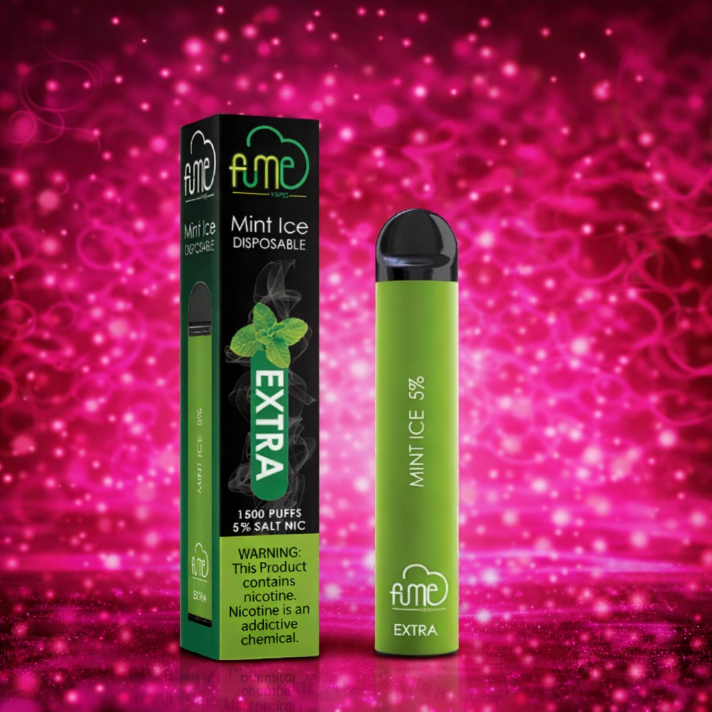 Fume Mint Ice Extra disposable vape 1500 puffs with packaging on pink background