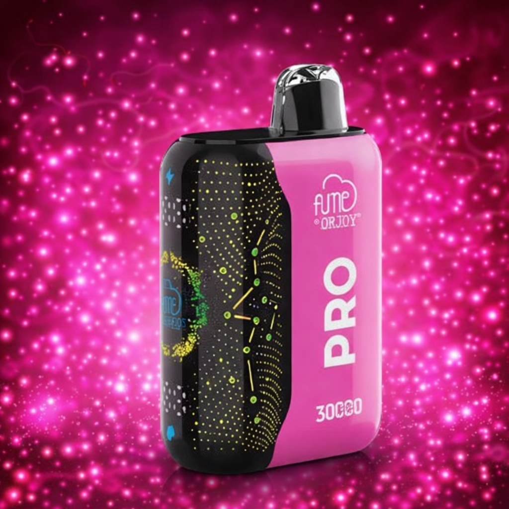 Fume Orjoy Pro Strawberry Banana disposable vape 30000 puffs with pink neon background