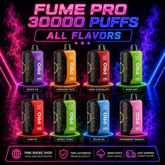 FUME PRO 30000 Puffs disposable vape all flavors neon banner featuring premium vape collection with colorful glowing design at Pink Smoke Shop