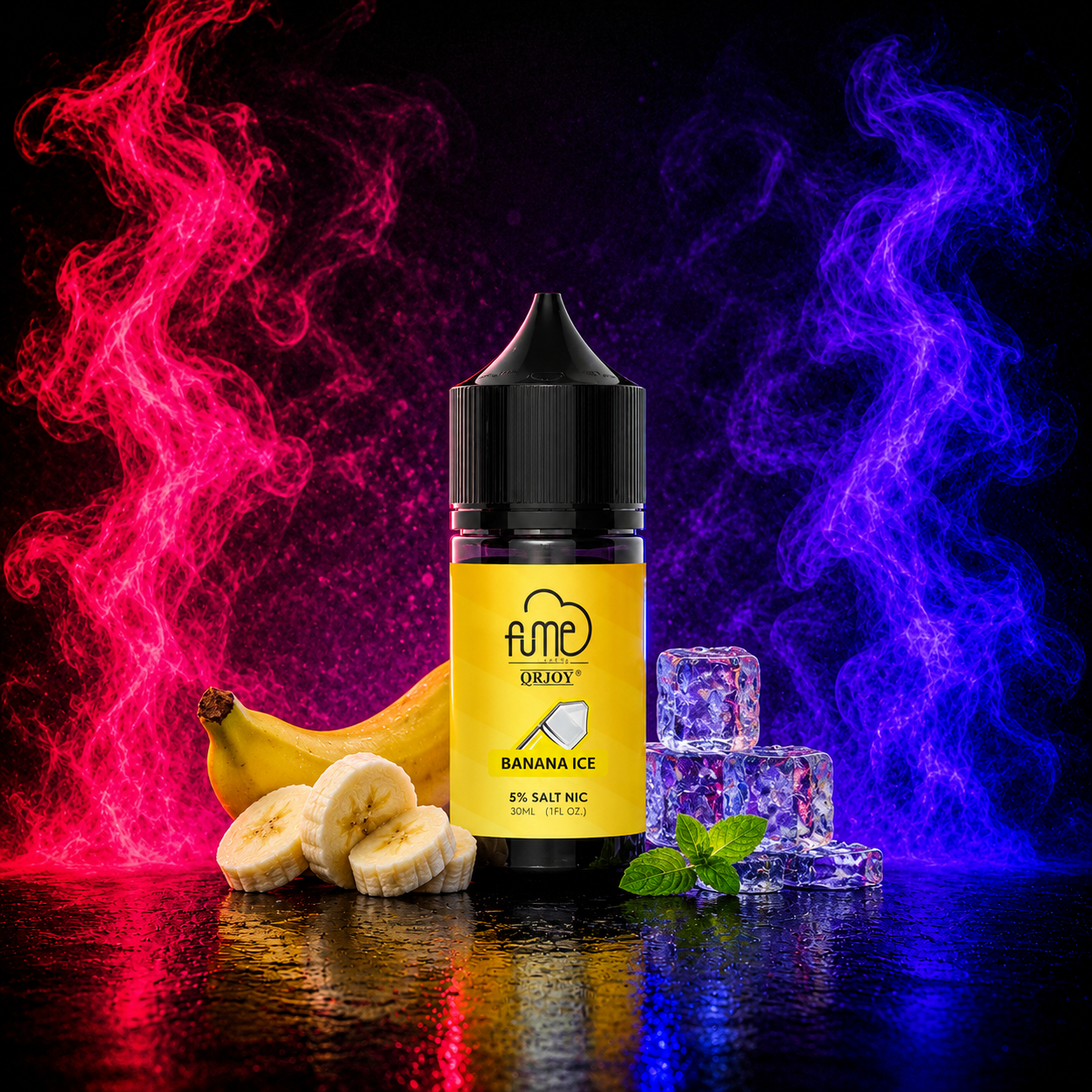 Fume QRJOY Banana Ice 30ml Salt Nic vape juice with sweet banana and icy menthol flavor on a neon pink and purple smoke background, available at Pink Smoke Shop.