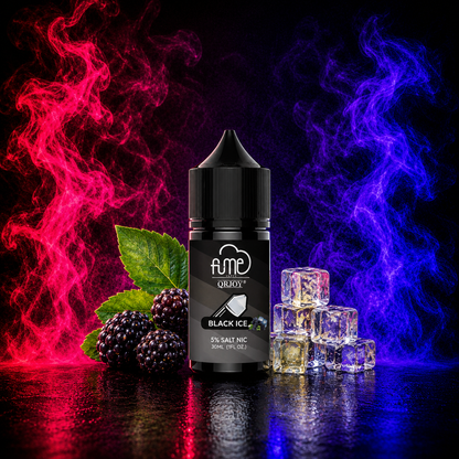 Fume QRJOY Black Ice 30ml Salt Nic vape juice with dark berry and icy menthol flavor on a neon pink and purple smoke background, available at Pink Smoke Shop.