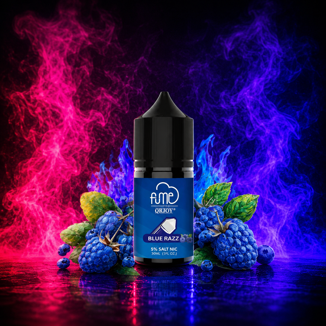 Fume QRJoy Blue Razz Salt Nic vape juice bottle with blue raspberry flavor profile and neon pink-blue smoke background, available at Pink Smoke Shop Miami.