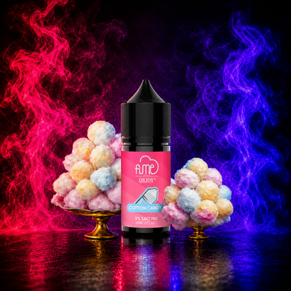 Fume QRJOY Cotton Candy 30ml Salt Nic vape juice with fluffy cotton candy flavor on a neon pink and purple smoke background, available at Pink Smoke Shop.