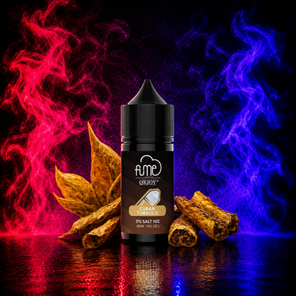Fume QRJOY Cuban Tobacco 30ml Salt Nic vape juice with rich Cuban tobacco flavor on a neon pink and purple smoke background, available at Pink Smoke Shop.
