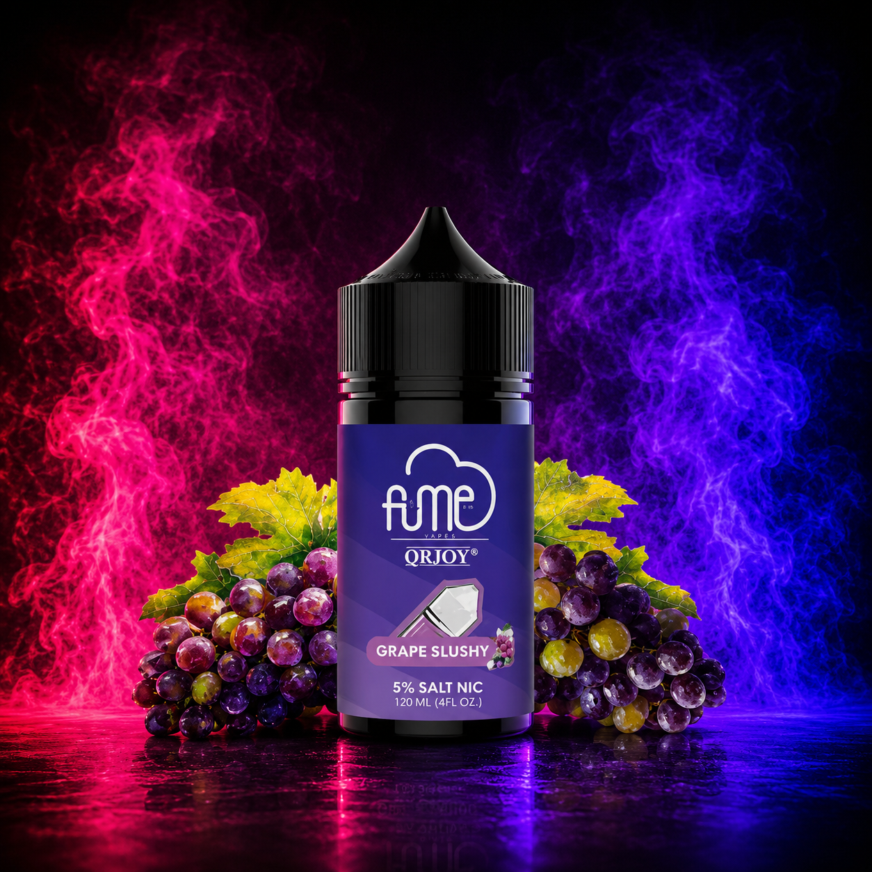 Fume QRJoy Grape Slushy Salt Nic 120ml e-liquid featuring sweet grape candy flavor with icy slushy finish and smooth nicotine satisfaction.