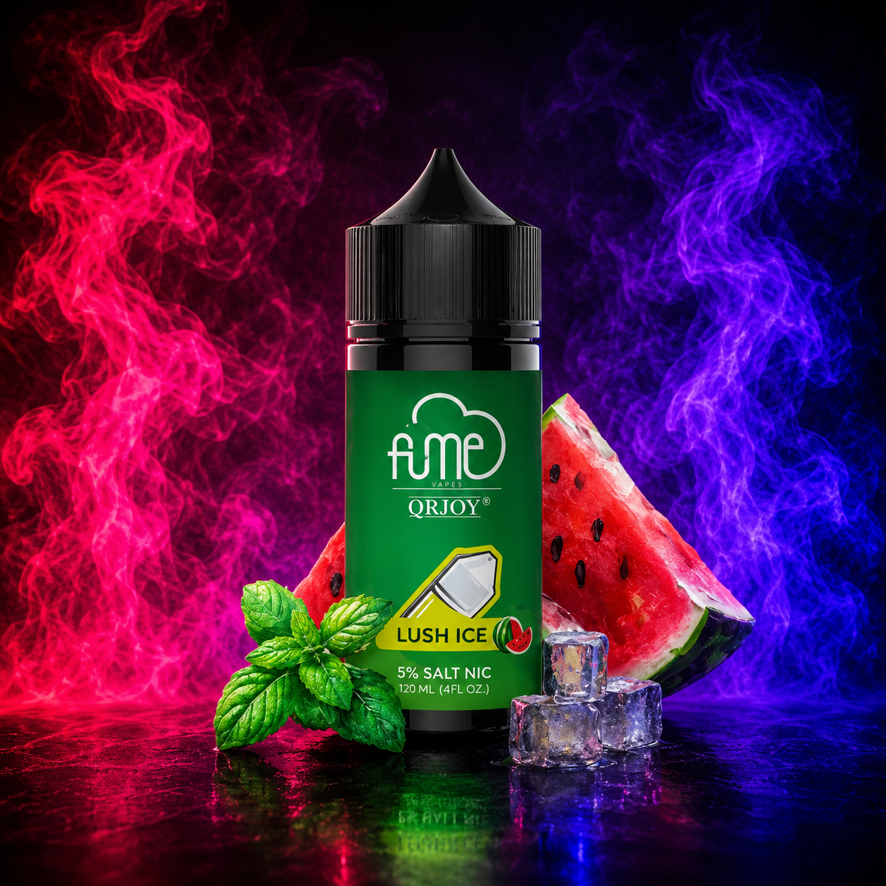 Fume QRJoy Lush Ice Salt Nic 120ml e-liquid featuring refreshing watermelon, cool mint, and icy flavor profile for vape enthusiasts in the USA.