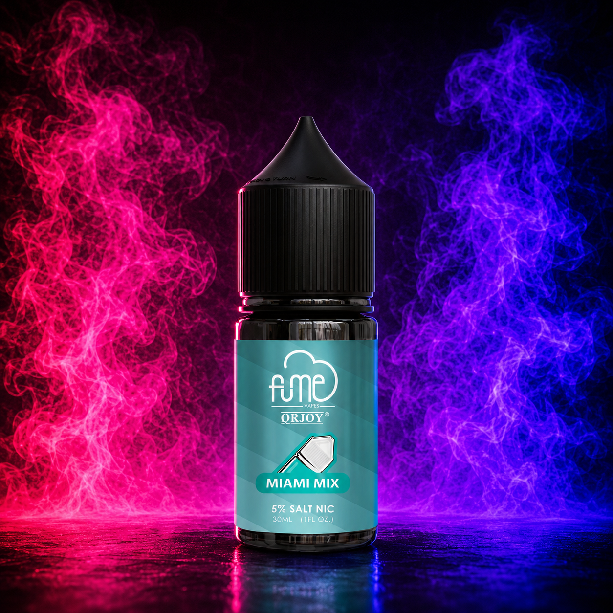 Fume QRJoy Miami Mix Salt Nic E-Liquid bottle with neon pink and purple smoke background, available at Pink Smoke Shop Miami.