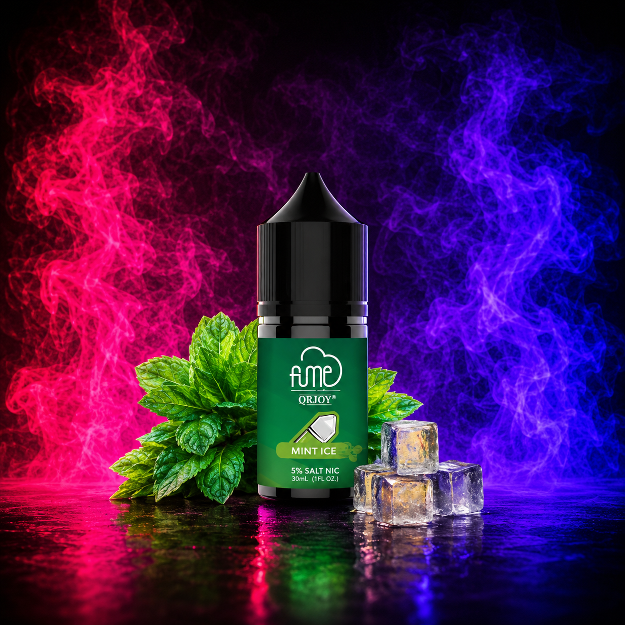 Fume QRJoy Mint Ice Salt Nic vape juice featuring refreshing mint flavor with icy cooling finish and smooth nicotine satisfaction.