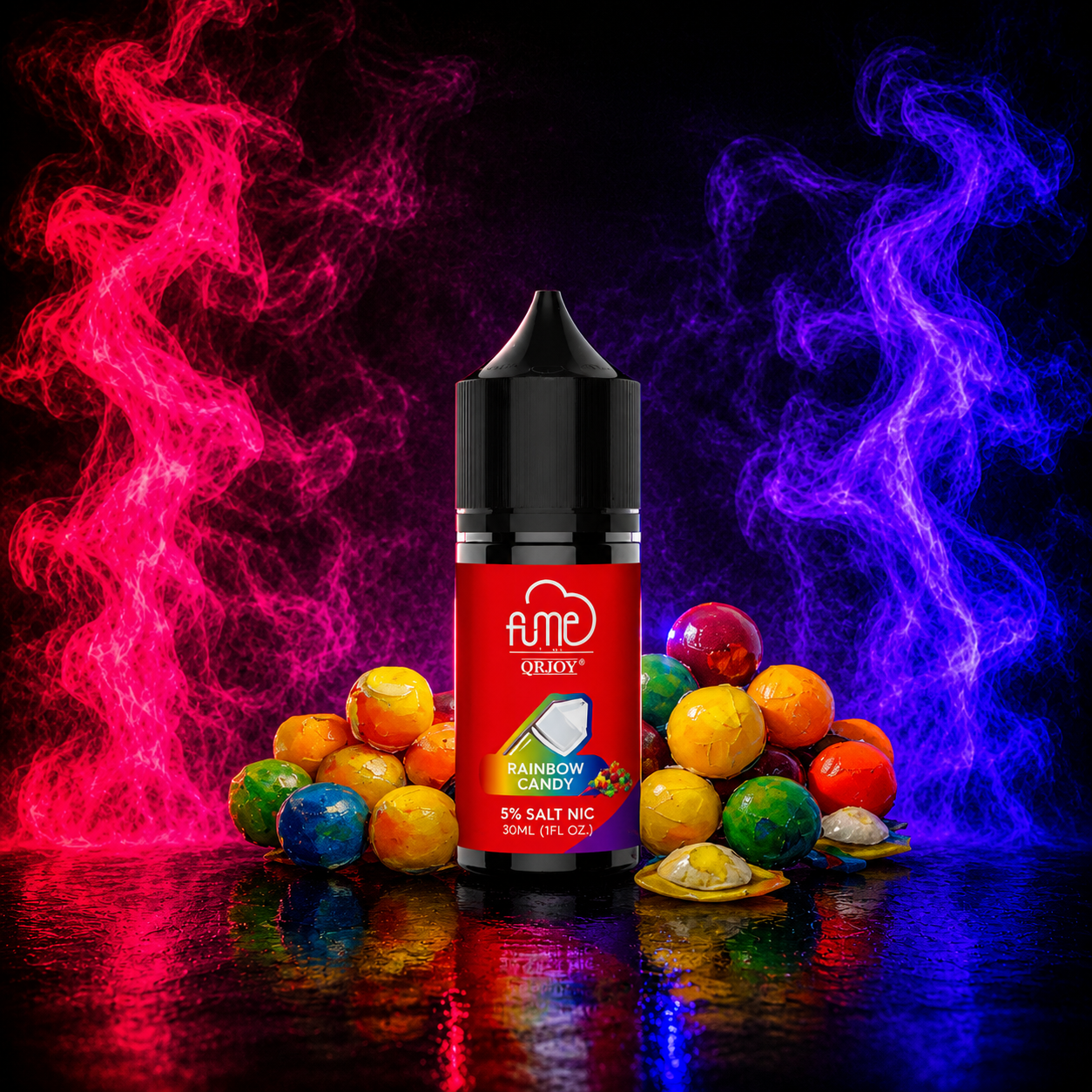 Fume QRJOY Rainbow Candy 30ml Salt Nic vape juice with colorful candy flavor on a neon pink and purple smoke background, available at Pink Smoke Shop.
