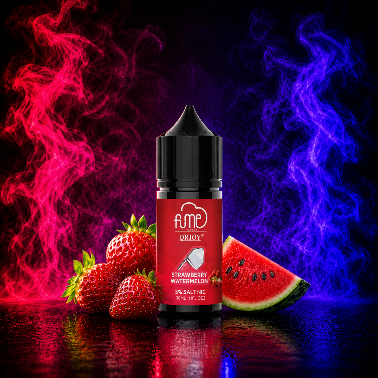 Fume QRJOY Strawberry Watermelon 30ml Salt Nic vape juice with fresh strawberry and watermelon flavor on a neon pink and purple smoke background, available at Pink Smoke Shop.