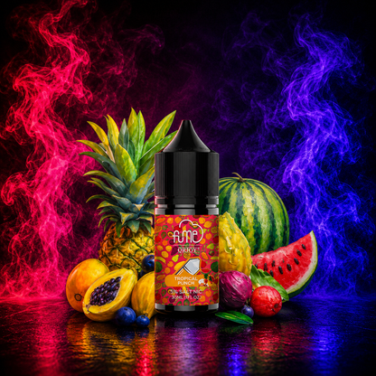 Fume QRJOY Tropical Punch 30ml Salt Nic vape juice with tropical fruit flavor on a neon pink and purple smoke background, available at Pink Smoke Shop.
