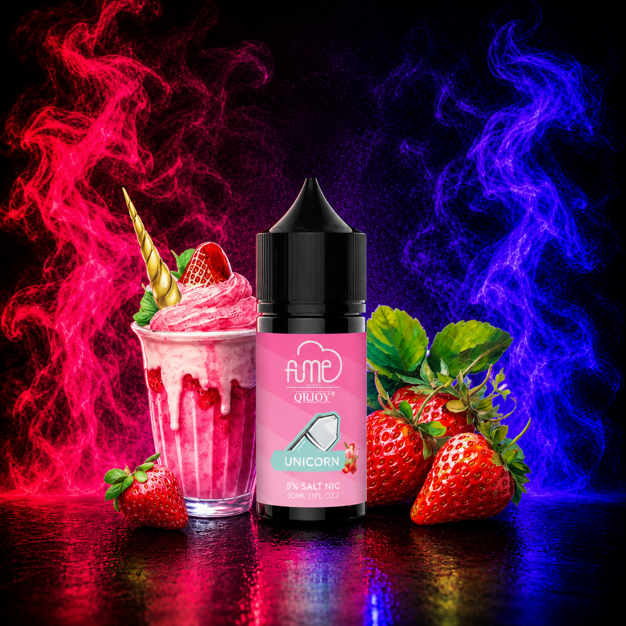Fume QRJOY Unicorn 30ml Salt Nic vape juice with creamy strawberry candy flavor on a neon pink and purple smoke background, available at Pink Smoke Shop.