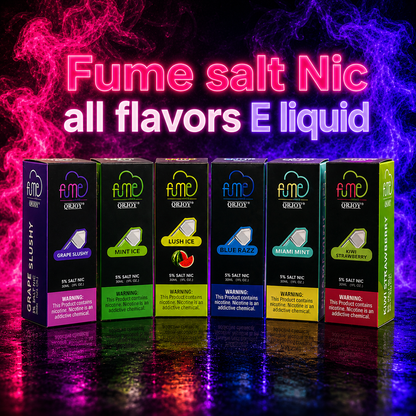 Fume Salt Nic E-Liquid All Flavors Collection including Grape Slushy, Mint Ice, Lush Ice, Blue Razz, Miami Mint, and Kiwi Strawberry available at Pink Smoke Shop Miami.