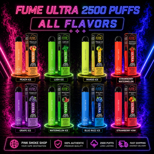 FUME ULTRA 2500 Puffs disposable vape all flavors neon collection banner featuring premium vape flavors and colorful glowing design from Pink Smoke Shop