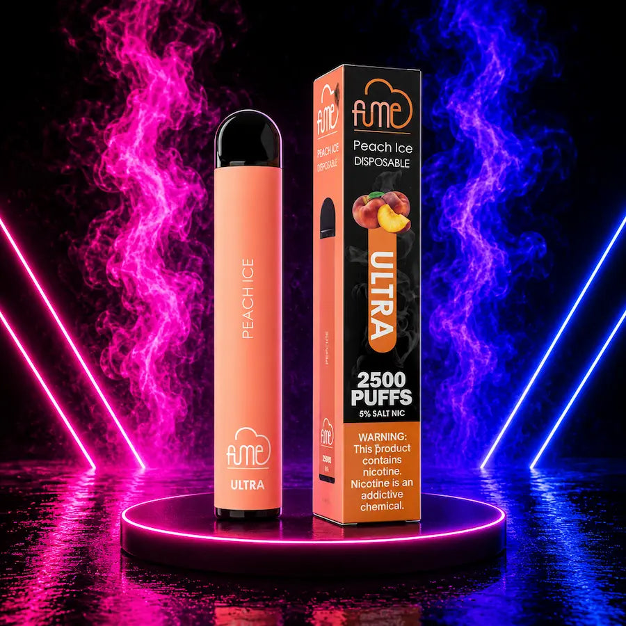 Fume Ultra Peach Ice disposable vape 2500 puffs with pink neon background