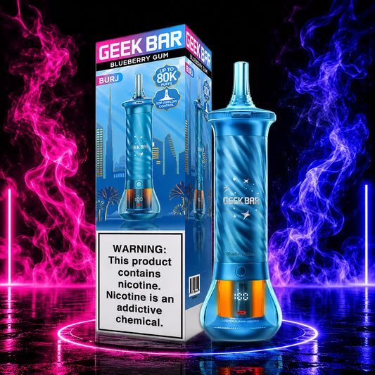 Geek Bar BURJ 80K Puffs Hookah Disposable Vape Blueberry Gum flavor with premium neon background available at Pink Smoke Shop