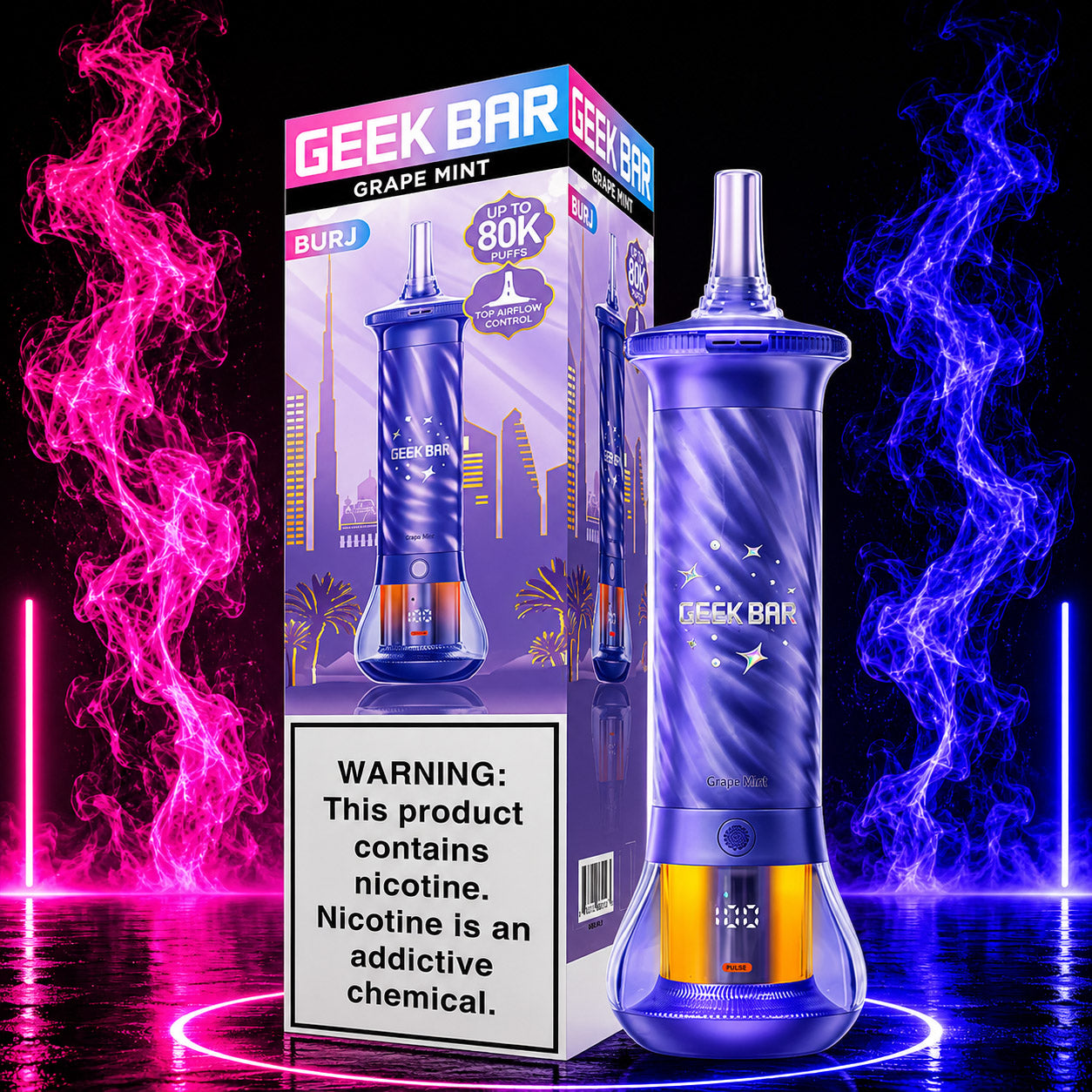 Geek Bar BURJ 80K Puffs Hookah Disposable Vape Grape Mint flavor with premium neon background available at Pink Smoke Shop