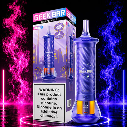 Geek Bar BURJ 80K Puffs Hookah Disposable Vape Grape Mint flavor with premium neon background available at Pink Smoke Shop