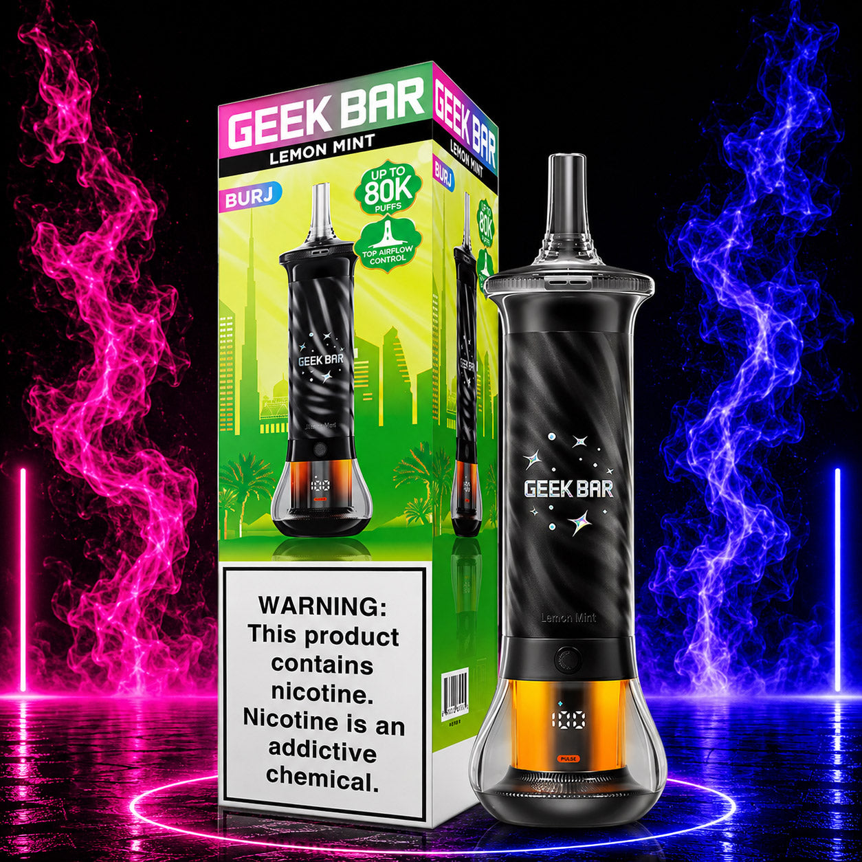 Geek Bar BURJ 80K Puffs Hookah Disposable Vape Lemon Mint flavor with premium neon background available at Pink Smoke Shop