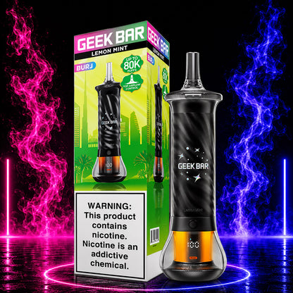 Geek Bar BURJ 80K Puffs Hookah Disposable Vape Lemon Mint flavor with premium neon background available at Pink Smoke Shop