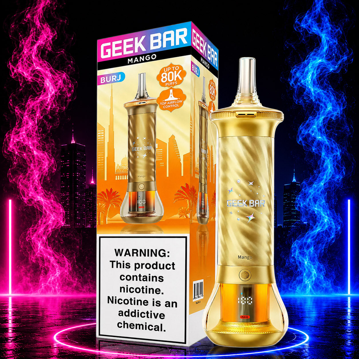 Geek Bar BURJ 80K Puffs Hookah Disposable Vape Mango flavor with premium neon background available at Pink Smoke Shop