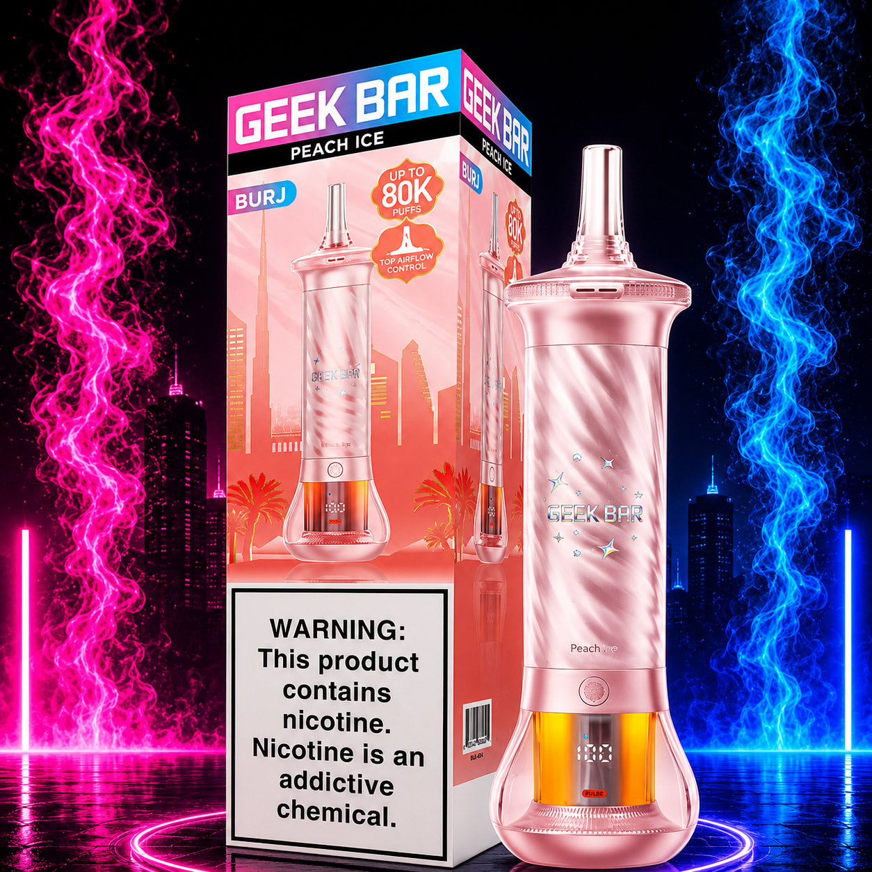 Geek Bar BURJ 80K Puffs Hookah Disposable Vape Peach Ice flavor with premium neon background available at Pink Smoke Shop