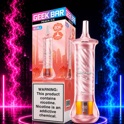Geek Bar BURJ 80K Puffs Hookah Disposable Vape Peach Ice flavor with premium neon background available at Pink Smoke Shop