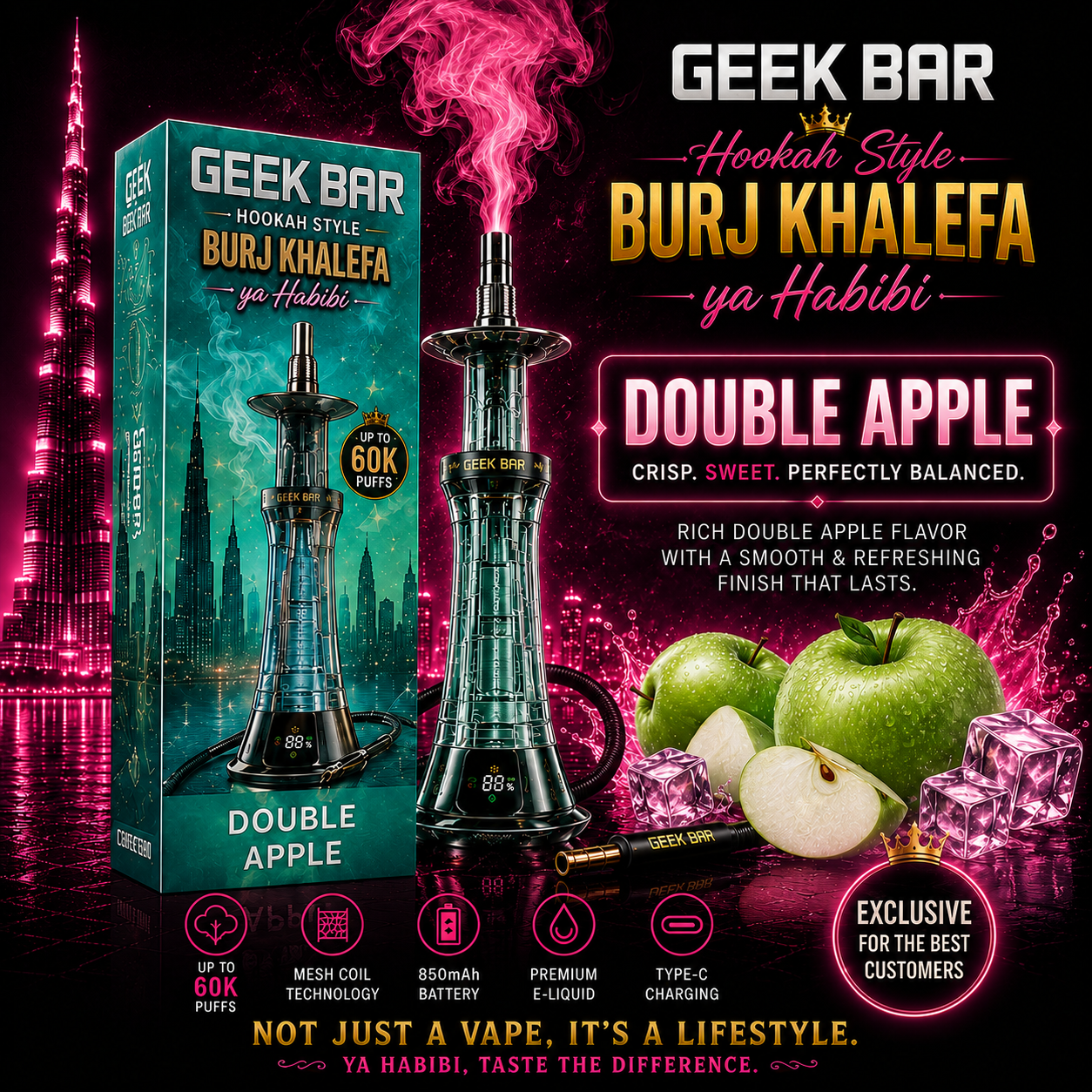Geek Bar Burj Khalefa Double Apple disposable vape with 60000 puffs, hookah style design, double apple flavor, mesh coil technology, rechargeable battery and premium vape experience.