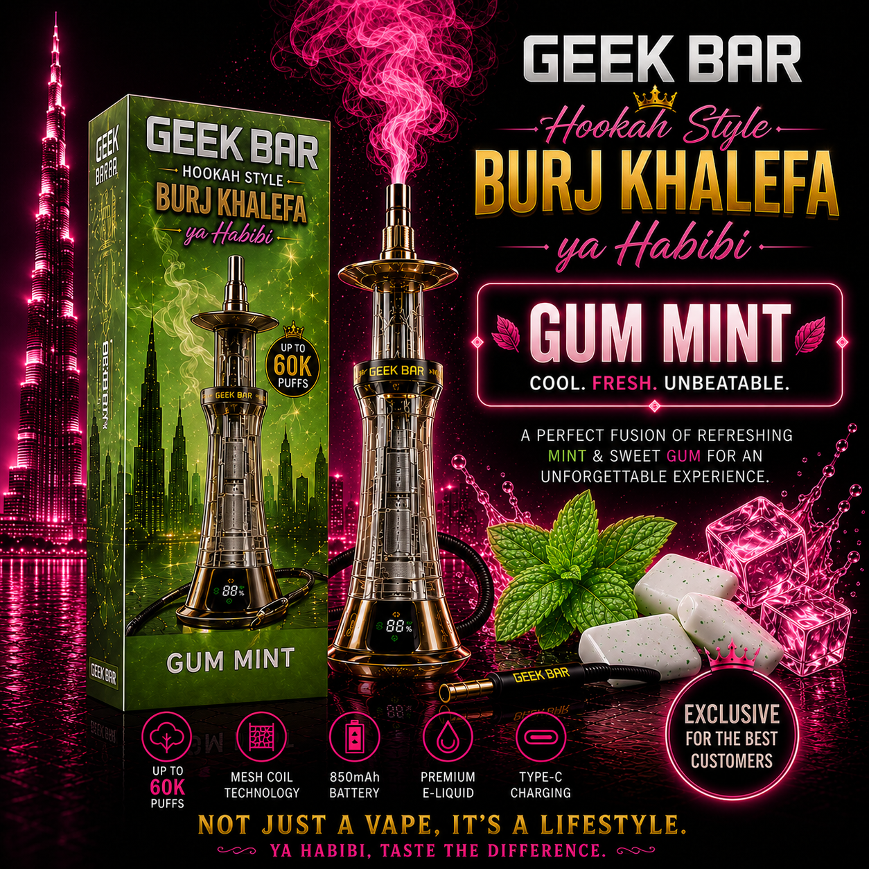 Geek Bar Burj Khalefa Gum Mint hookah style disposable vape featuring refreshing gum mint flavor, up to 60000 puffs, rechargeable battery, mesh coil technology and premium vape experience.