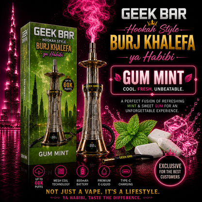 Geek Bar Burj Khalefa Gum Mint hookah style disposable vape featuring refreshing gum mint flavor, up to 60000 puffs, rechargeable battery, mesh coil technology and premium vape experience.