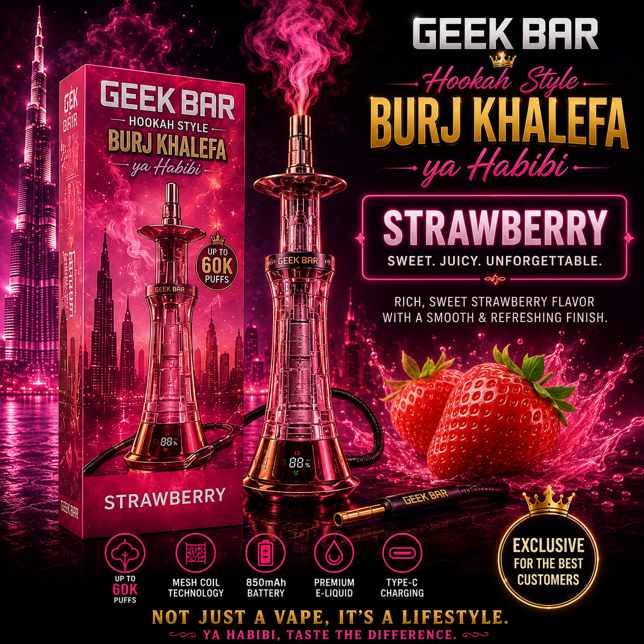 Geek Bar Burj Khalefa Ya Habibi Strawberry 60000 Puffs disposable vape featuring sweet strawberry flavor, rechargeable Type-C charging, mesh coil technology, premium e-liquid, and long-lasting performance.