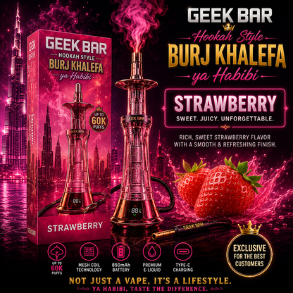 Geek Bar Burj Khalefa Ya Habibi Strawberry 60000 Puffs disposable vape featuring sweet strawberry flavor, rechargeable Type-C charging, mesh coil technology, premium e-liquid, and long-lasting performance.