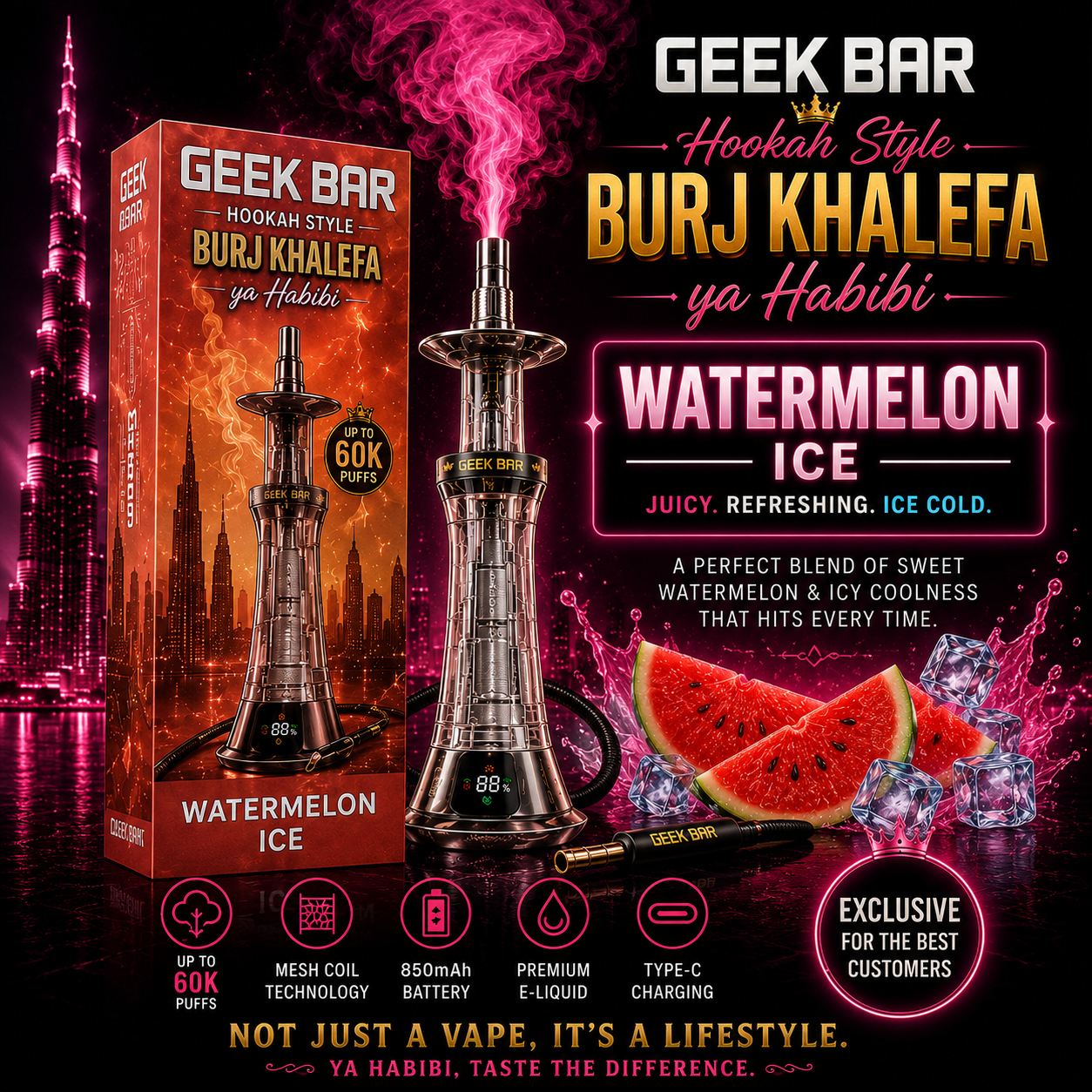 Geek Bar Hookah Style Burj Khalefa Ya Habibi Watermelon Ice Disposable Vape 60000 Puffs featuring sweet watermelon flavor with refreshing icy finish, rechargeable device, mesh coil technology, and premium vaping experience.