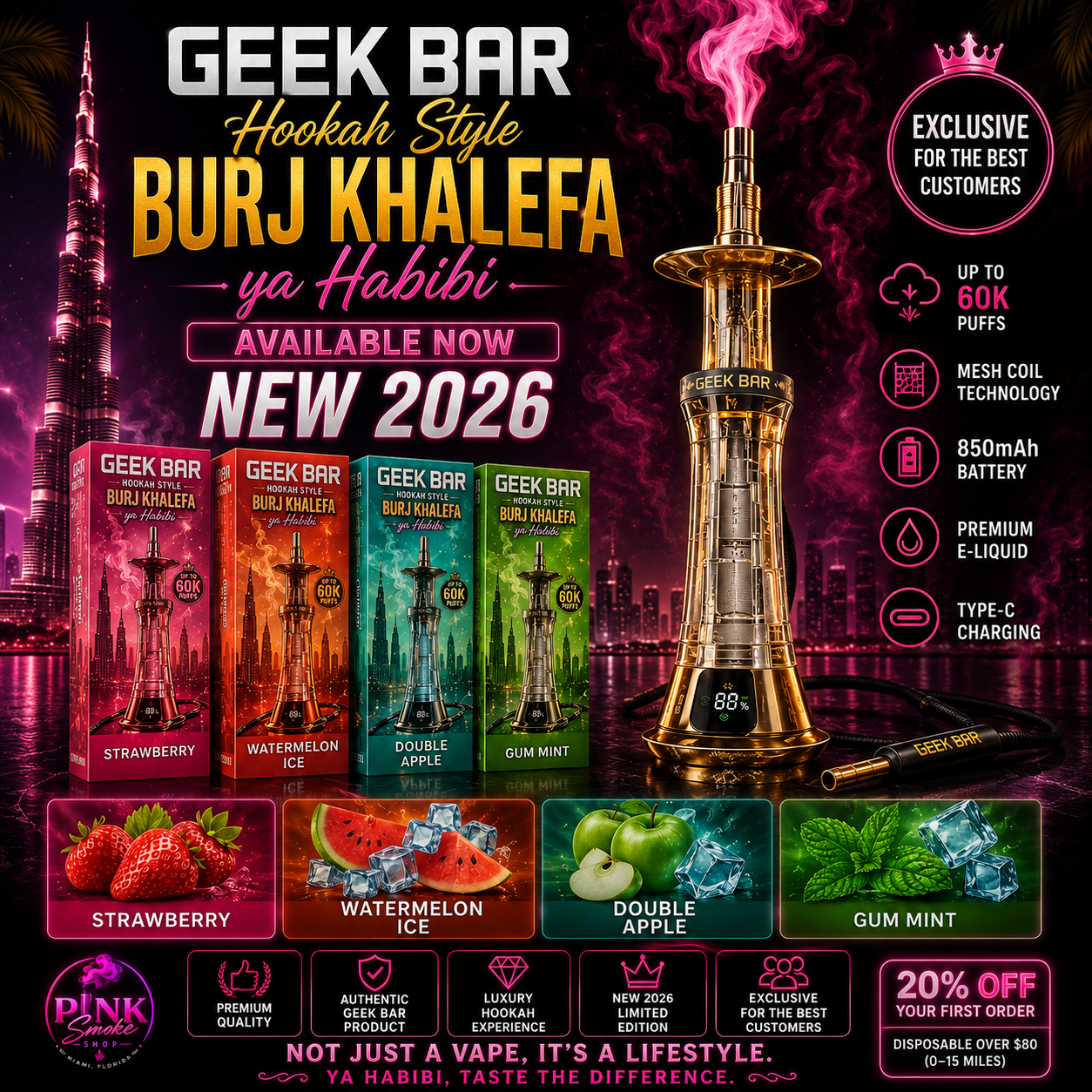 Geek Bar Hookah Style Burj Khalefa Ya Habibi 60000 Puffs Disposable Vape with Strawberry, Watermelon Ice, Double Apple and Gum Mint flavors