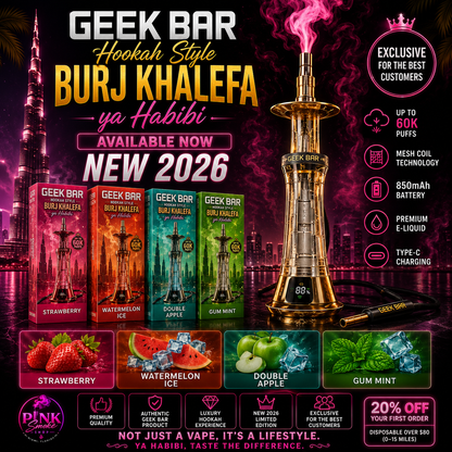 Geek Bar Hookah Style Burj Khalefa Ya Habibi 60000 Puffs Disposable Vape with Strawberry, Watermelon Ice, Double Apple and Gum Mint flavors