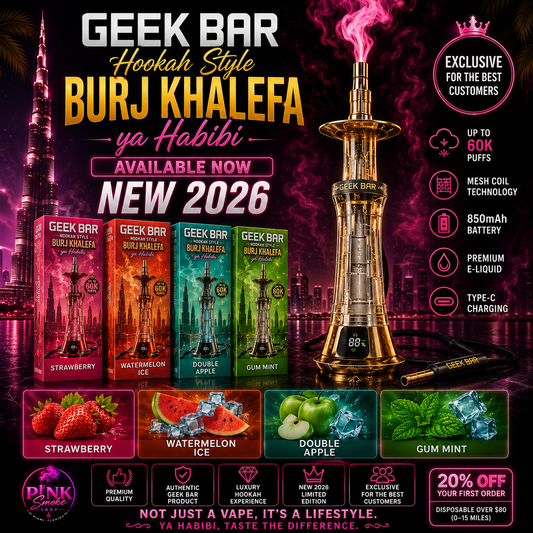 Geek Bar Hookah Style Burj Khalefa Ya Habibi 60000 Puffs Disposable Vape with Strawberry, Watermelon Ice, Double Apple and Gum Mint flavors