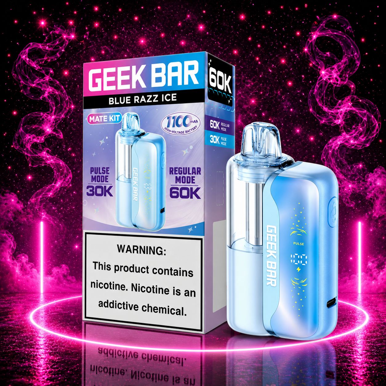 Geek Bar Mate Kit 60K Puffs Blue Razz Ice rechargeable pod vape with premium neon pink background available at Pink Smoke Shop.