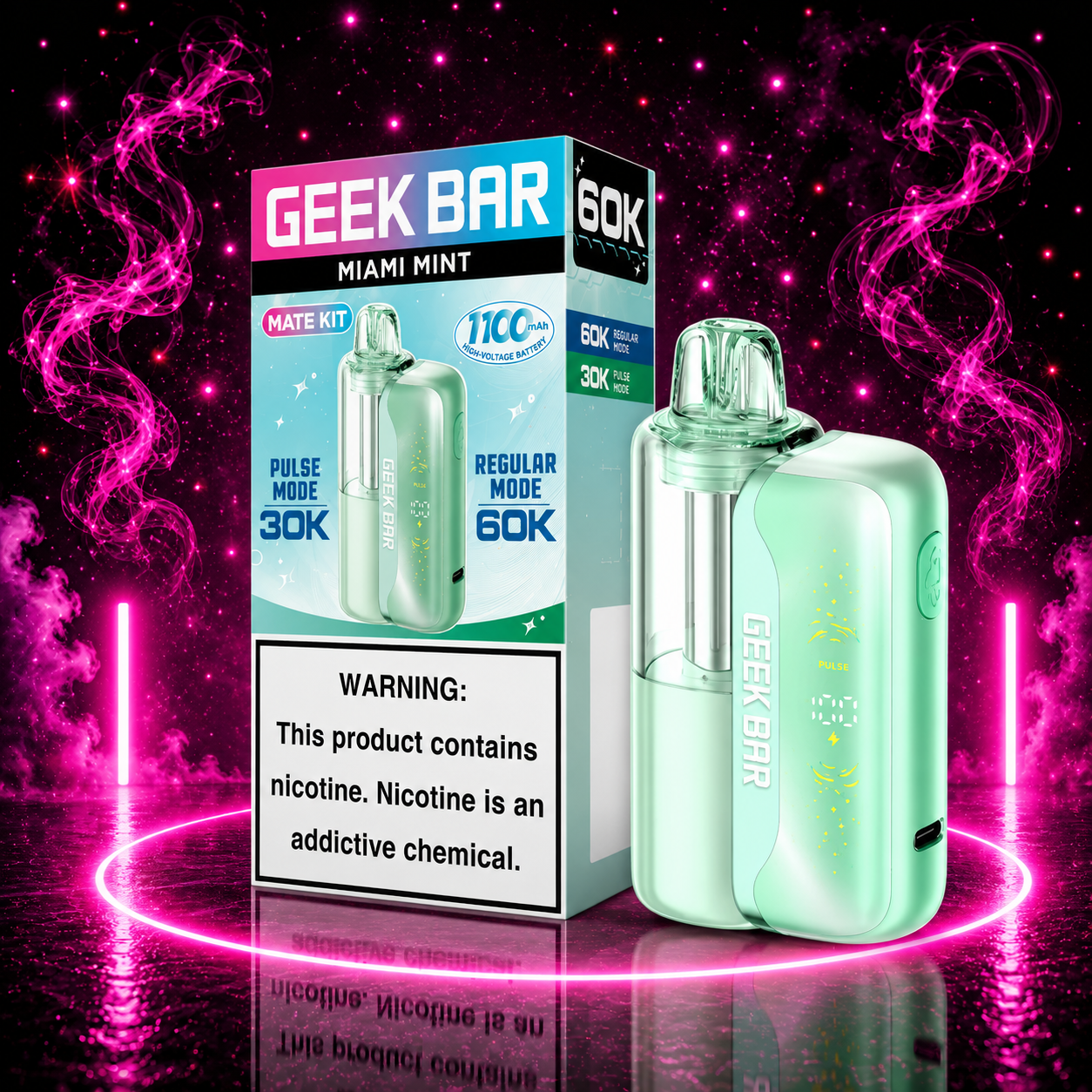 Geek Bar Mate Kit 60K Puffs Miami Mint rechargeable pod vape with premium neon pink background available at Pink Smoke Shop.