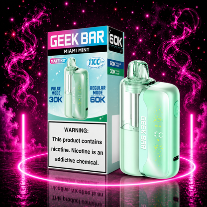 Geek Bar Mate Kit 60K Puffs Miami Mint rechargeable pod vape with premium neon pink background available at Pink Smoke Shop.