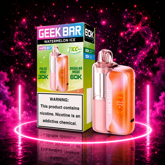 Geek Bar Mate Kit 60K Puffs Watermelon Ice rechargeable pod vape with neon pink premium background available at Pink Smoke Shop.