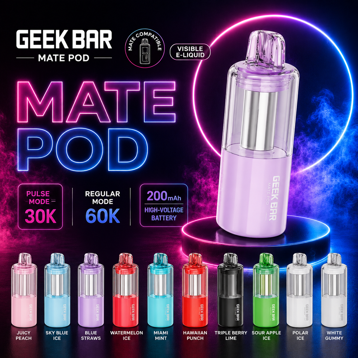 Geek Bar Mate Replacement Pods all flavors collection with premium neon pink and blue background featuring authentic Geek Bar Mate Pod flavors available at Pink Smoke Shop.
